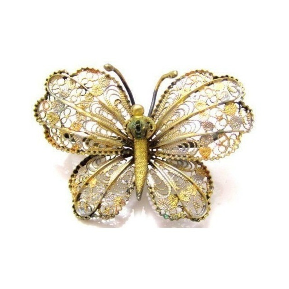 Beautiful 2‎ Tone Vintage Solid Silver Lacey Filigree Butterfly Brooch Pin 800